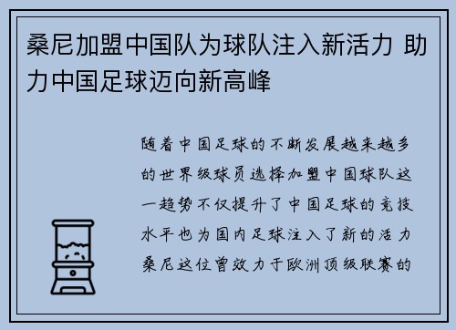 桑尼加盟中国队为球队注入新活力 助力中国足球迈向新高峰