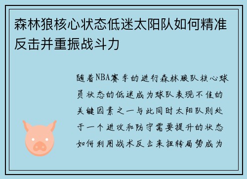 森林狼核心状态低迷太阳队如何精准反击并重振战斗力
