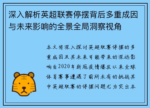 深入解析英超联赛停摆背后多重成因与未来影响的全景全局洞察视角