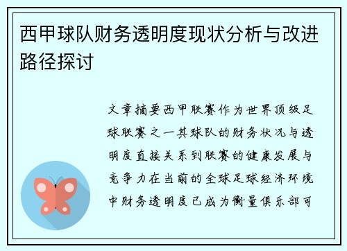 西甲球队财务透明度现状分析与改进路径探讨