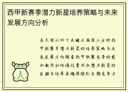西甲新赛季潜力新星培养策略与未来发展方向分析